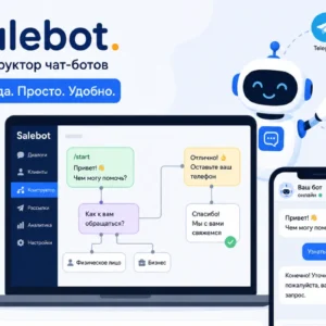 Salebot - конструктор чат-ботов без кода. Визуальный редактор, интеграции с Telegram, WhatsApp, VK, Avito, MAX, сайтом. Функции: автоответы, лиды, CRM, AI.