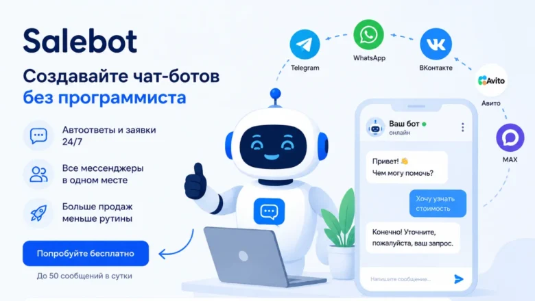 Salebot: дружелюбный робот с ноутбуком, создающий чат-ботов без программиста для мессенджеров, с автоответами и заявками.
