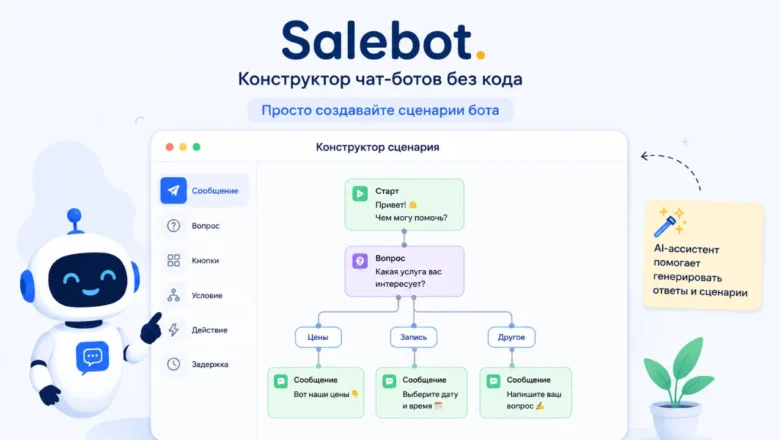 Salebot: конструктор чат-ботов без кода. Интерфейс для создания сценариев бота с AI-ассистентом. Пример диалога: Старт, Вопрос, выбор опций (Цены, Запись).